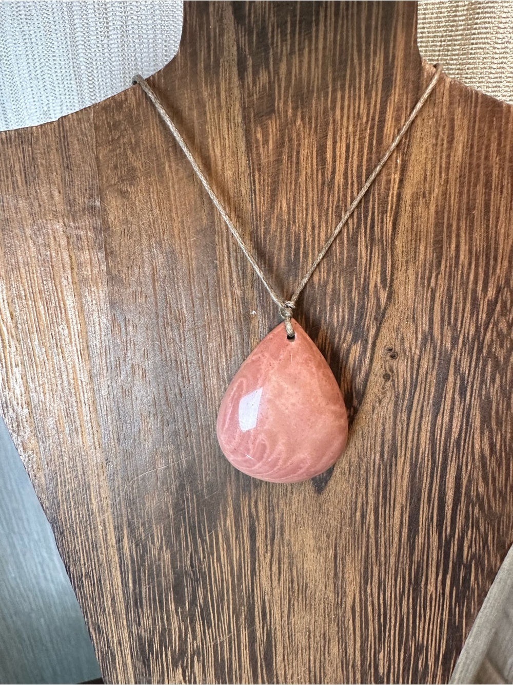 Minimalist Polychrome Jasper Teardrop Pendant Necklace on Thin Brown Rope - Picture 11 of 16